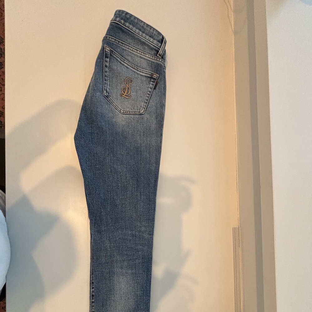 Saint Laurent Logo Embroidered Slim Fit in Blue Cotton Mid Rise Sz 26